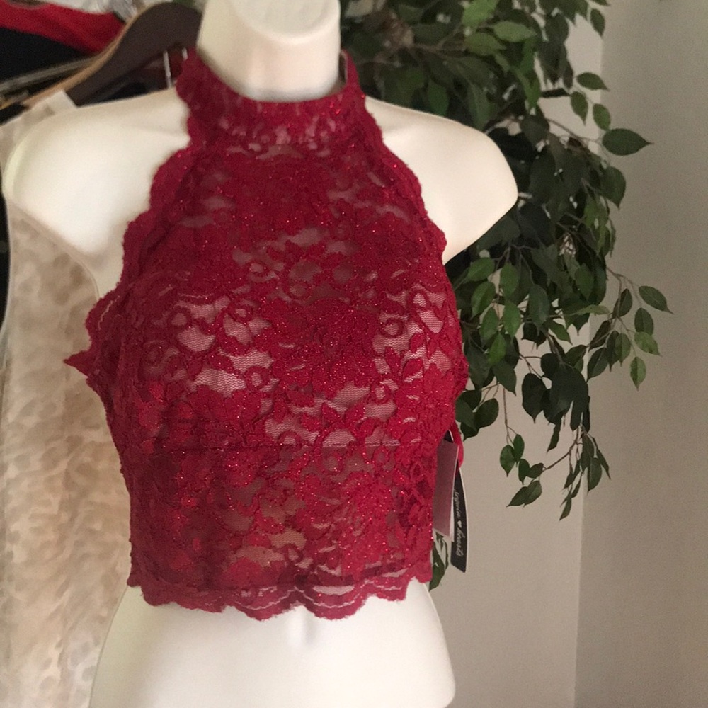 Red sparkling lace by sequin hearts 2 piece set